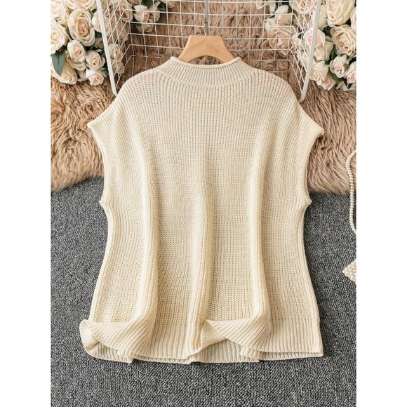 Women's Plus Size Knit Top Ribbed Mock Neck Short Sleeve Casual Sweater - Picture 2 of 5